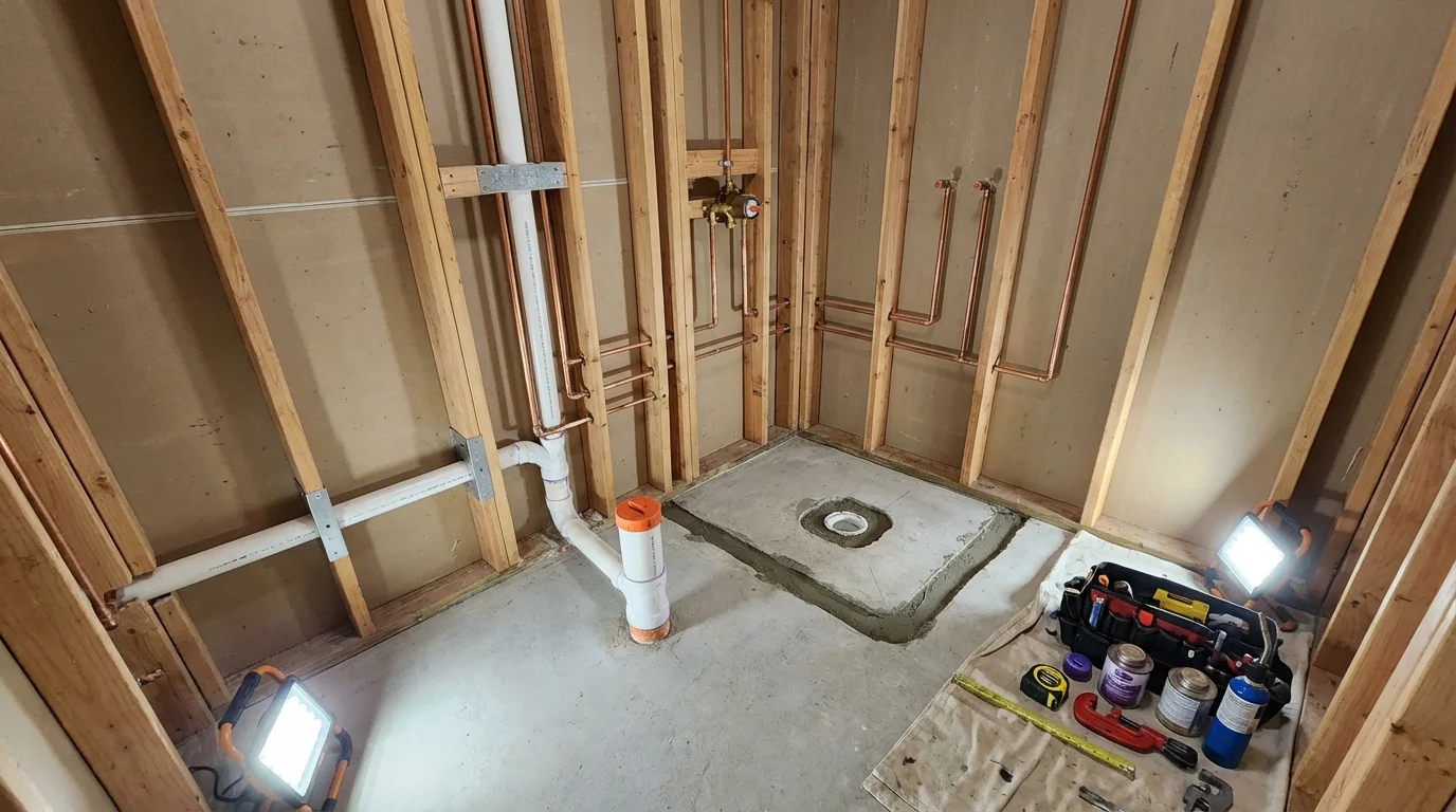 Bathroom rough-in plumbing during remodel by Johns Plumbing LLC in Sealy