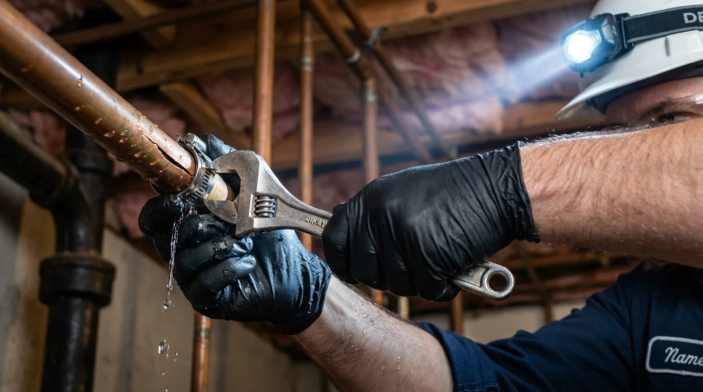 Emergency pipe clamp repair being performed by a Johns Plumbing LLC plumber in Sealy