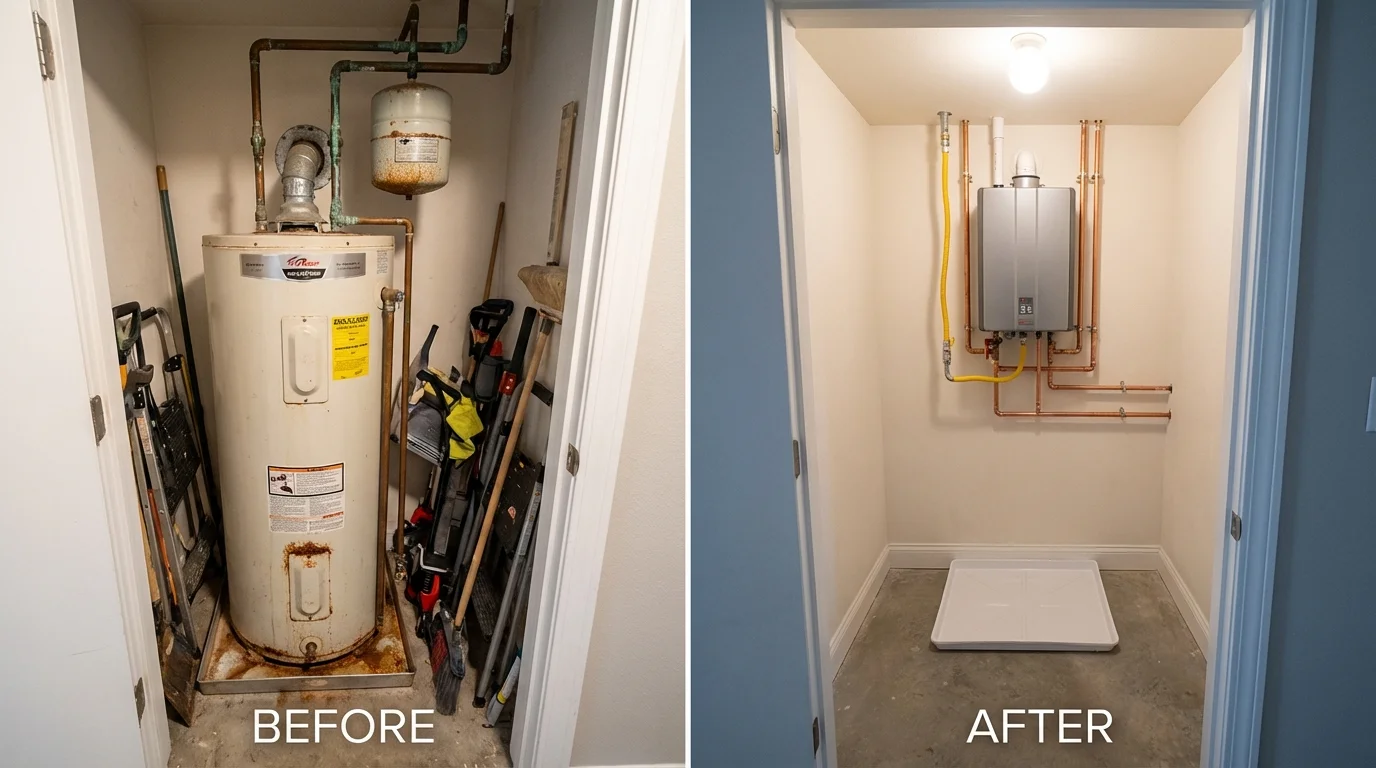 Tank water heater versus wall-mounted tankless unit comparison for Sealy, TX homeowners