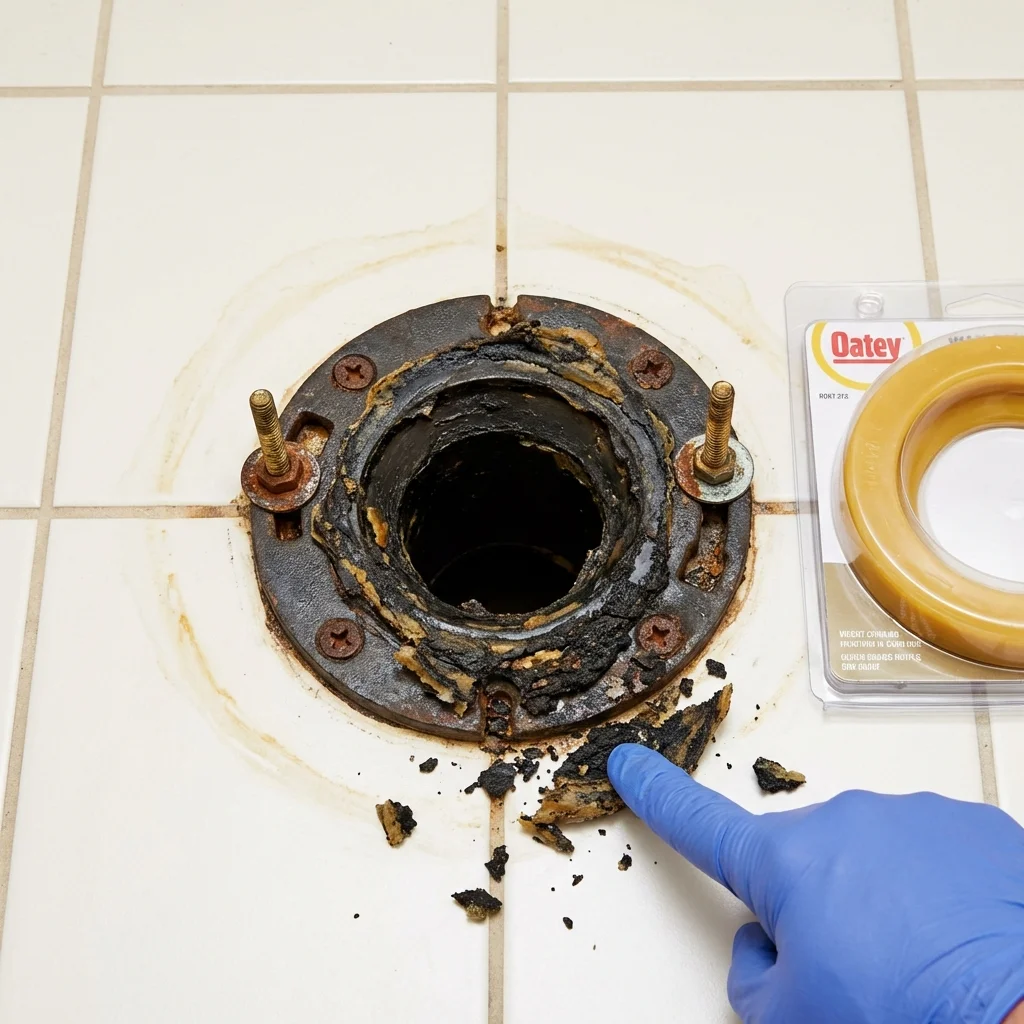 Failed wax ring showing water seepage at the base of a toilet in a Sealy, TX home