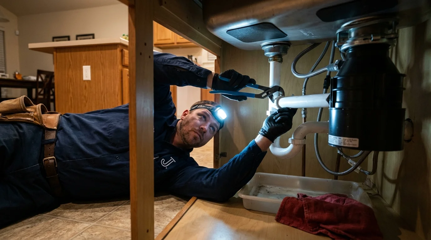 P-trap and supply line connections under a kitchen sink showing a common leak point in Sealy, TX